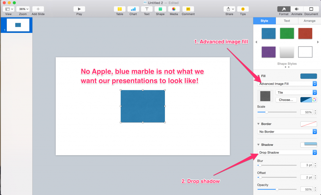 Fixing Keynote annoynaces - Before, blue marble filling